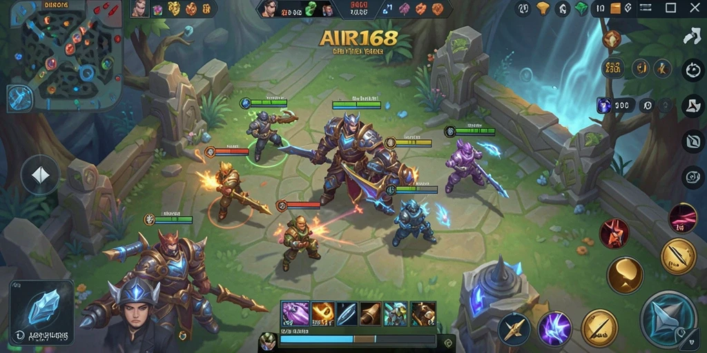 Screenshot gameplay AIR168 menunjukkan pertarungan MOBA yang epik.