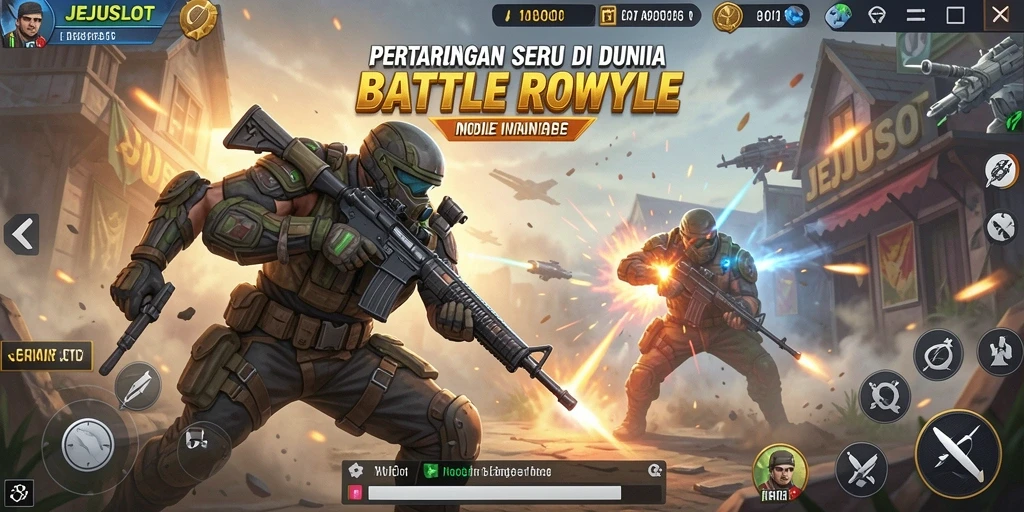 Tampak aksi gameplay menegangkan dalam JEJUSLOT Battle Royale.
